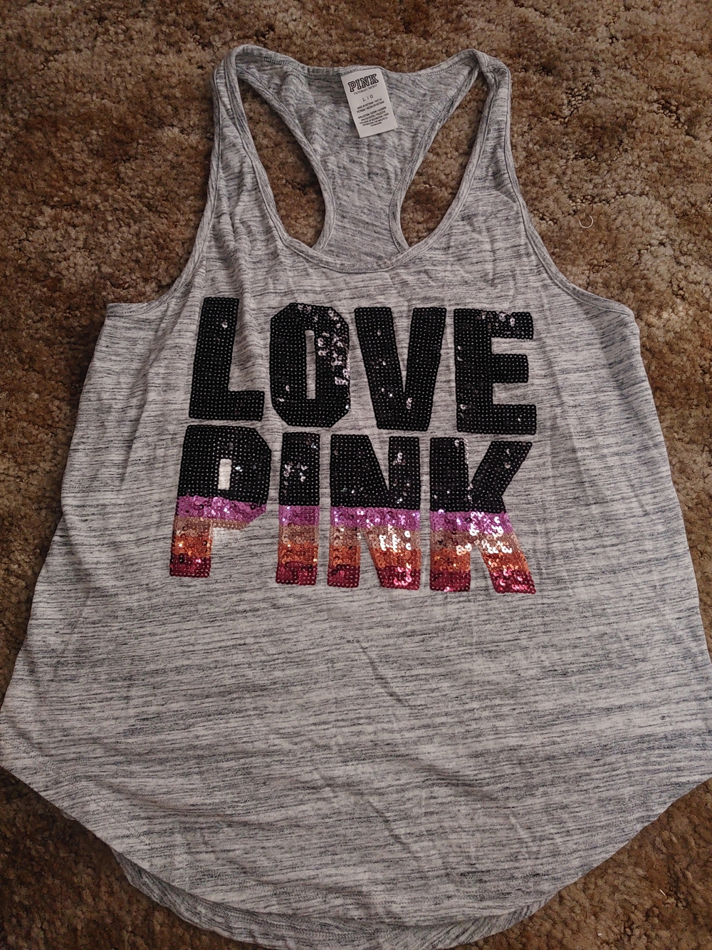 PINK Victoria's Secret Gray Racerback Tank with Sequin 'LOVE PINK'